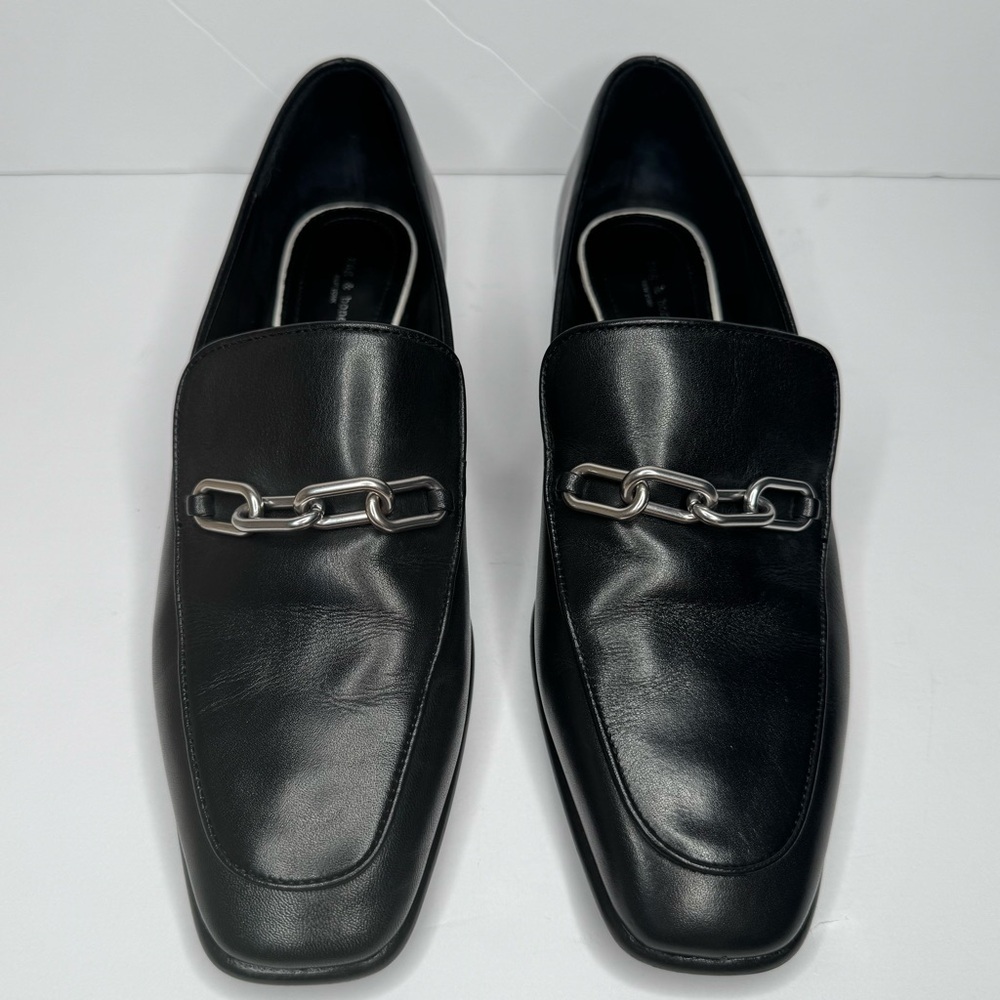 RAG & BONE Aslen Black Leather Loafer With Silver Chain Detail Square Toe Sz 40 - Picture 5 of 16
